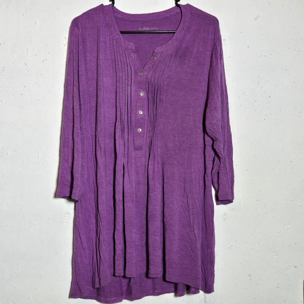 Croft & Barrow Purple Pleated Henley Tunic Top 3/4 Sleeve Plus 2X Stretch Comfy